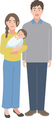 赤ちゃんを抱っこしている若い夫婦の全身イラスト