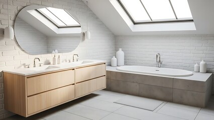 Modern minimalist bathroom with double vanity and bathtub under skylights.