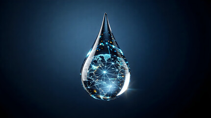 Fototapeta premium Glowing data network inside a single droplet - abstract AI and fluid intelligence concept