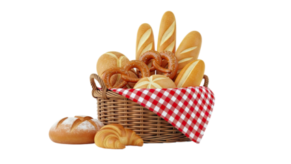 Assortment of Freshly Baked Breads and Pastries in a Wicker Basket
