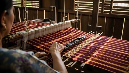 Woman weaving traditional fabric on a loom in a wooden room with natural light