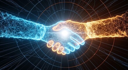 Digital handshake - A futuristic collaboration concept with glowing hands.