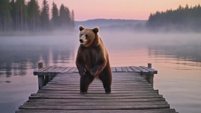 A dancing bear stands on a wooden dock by a foggy lake at sunrise.