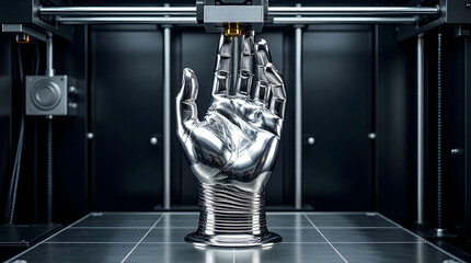 Generative AI building a metallic hand with light - advanced 3D printing technology