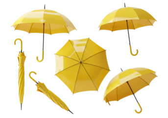 Five vibrant, glossy yellow stick umbrellas arranged dynamically in a photorealistic 3d render against a transparent cyc wall, high-key studio lighting emphasizes form. Concept of essential