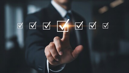 Businessman in suit interacting with digital checklist interface on finger  office technology concept