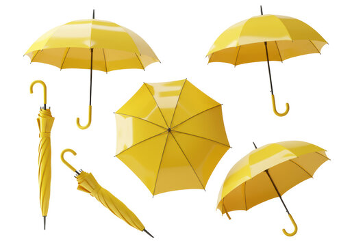 Five vibrant, glossy yellow stick umbrellas arranged dynamically in a photorealistic 3d render against a transparent cyc wall, high-key studio lighting emphasizes form. Concept of essential