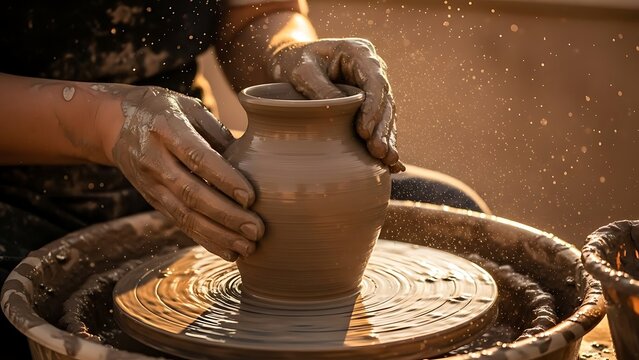 Artisan shaping clay pot on pottery wheel with skilled hands - Powered by Adobe