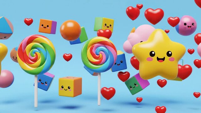 Cartoon candy and shapes floating in a vibrant blue scene