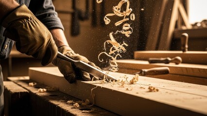 Close up of carpenter hands in gloves using chisel to carve wood with flying shavings in workshop with warm lighting