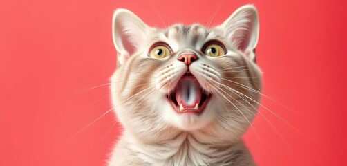 Lilac British Shorthair cat looking up with an open mouth and a surprised, wide-eyed expression, isolated on a vibrant coral background,  feline,  open mouth