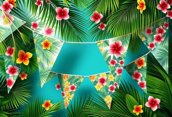 Lush island-inspired pennants showcasing palm fronds, vibrant flowers, and festive patterns, ideal for cheerful decor,  beach,  bird