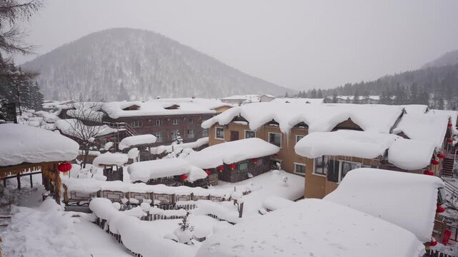 Full of fluffy snow at China Snow town in winter