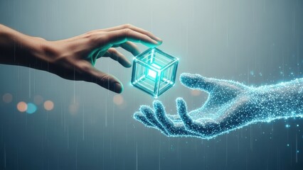 Human hand passing a glowing digital cube to an artificial intelligence robot hand concept of blockchain and data transfer