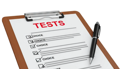 Clipboard with 'TESTS' checklist and pen