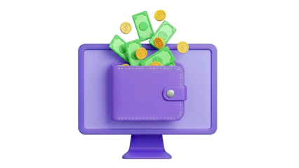 Digital Wallet with Money Flowing Out of Computer Screen