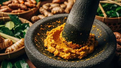 A mortar and pestle filled with vibrant turmeric powder surrounded by fresh ingredients
