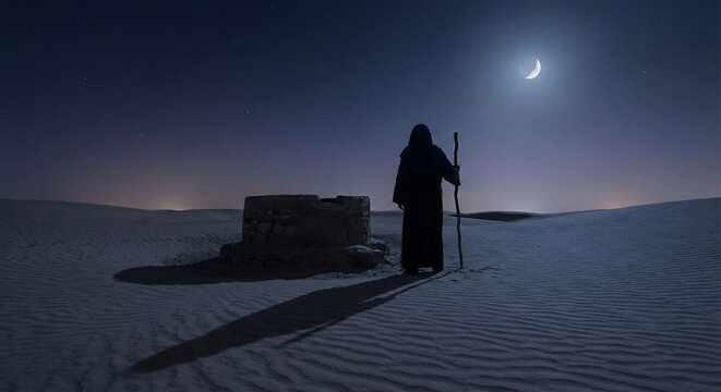 Mysterious Figure Standing by Ancient Well in Desert Under Moonlight