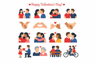 Happy Valentine&rsquo;s Day Flat Icon Collection with Couples and Affection Gestures