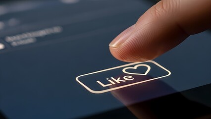 A close-up shot of a person's finger tapping a 'Like' button with a heart icon on a dark digital screen, symbolizing social media interaction and approval.