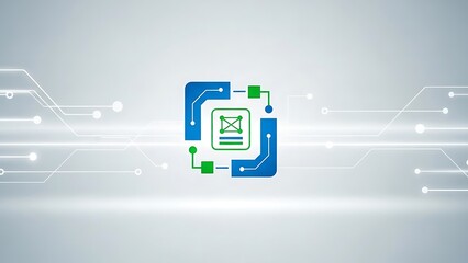 email symbol with blue and green circuit board on light gray background with white lines  technology concept
