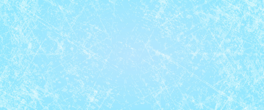 Scratched ice surface texture. Blue ice background with skate traces, cracks, scratches. Rough winter sport rink backdrop. Frozen lake or pond water wallpaper with dots, spot and lines. Eps10
