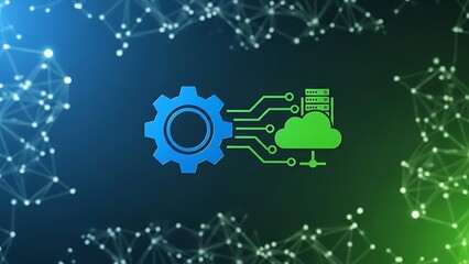 gear cog connected to cloud computing server with circuit board lines on blue green gradient background with network nodes