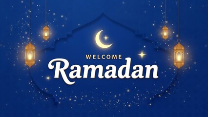 Celebratory Ramadan Greeting Card with Hanging Lanterns and Crescent Moon""