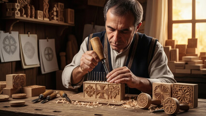 Skilled Craftsman Engraving Wooden Block with Precision Tools in Workshop