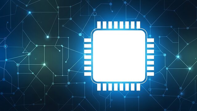 Glowing blue microchip on circuit board background with connections and nodes  technology concept - Powered by Adobe
