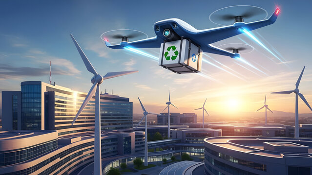 A drone delivers medical supplies amidst a futuristic cityscape powered by wind turbines. - Powered by Adobe