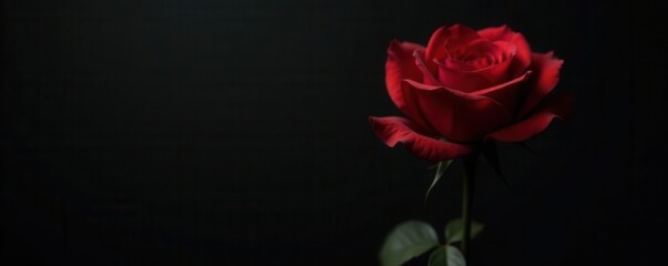 Dark toned image, lone red rose, high contrast monochrome background , photography, graphic