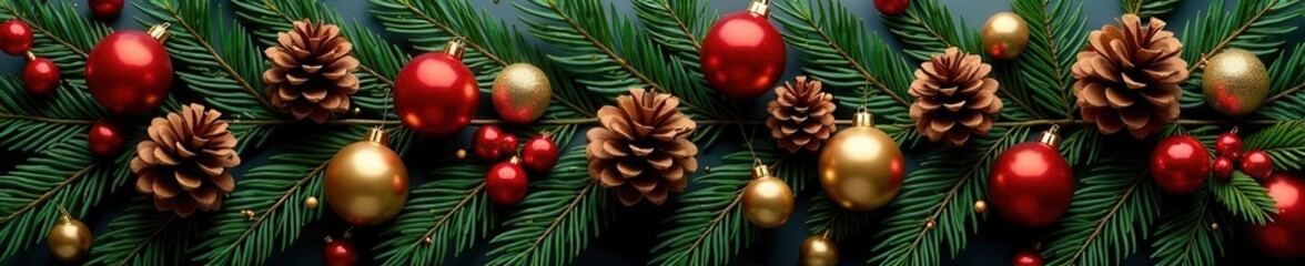Classic red and gold Christmas garland, lush pine cones , ornament, close-up, red
