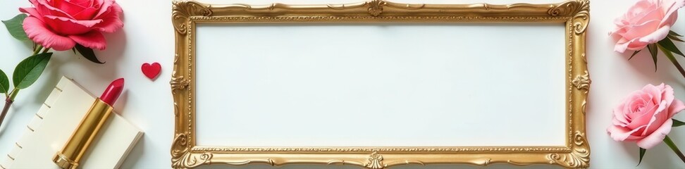 Elegant gold frame mockup; shabby chic, pastel, Paris, book, lipstick, mint, gold accessories, art print, white background, shabby chic, parisian theme