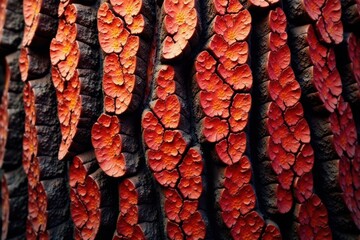 Deeply furrowed, reddish-brown bark, vertical grain , sequoia sempervirens, texture background, red