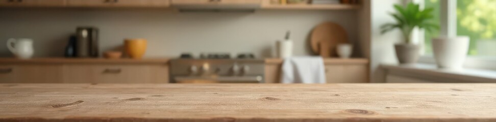 Empty wooden table, blurred modern apartment background, minimalist decor , setting, surface, design