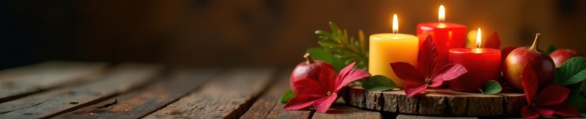 Kwanzaa candles, gifts, harvest bounty on wood ,  kinara,  wood,  fruit