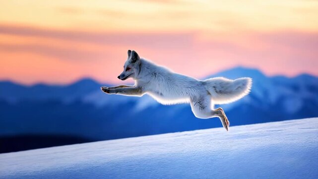 fox with pure white fur and striking yellow eyes leaps gracefully across a snowy landscape during the morning light. The background features snow covered mountains under a pastel colored sky