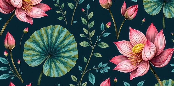 Luxurious hand-drawn lotus leaf pattern Simple linear design for fabric & prints , hand drawn, chinese, texture