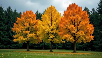 Vibrant young beech trees amidst mature conifers , outdoor, summer