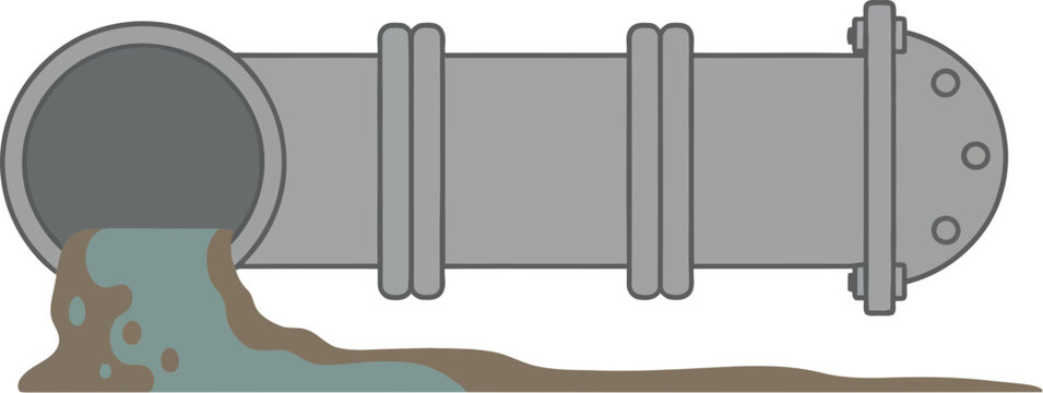 Grey industrial sewer pipe discharging murky polluted brown and green wastewater.