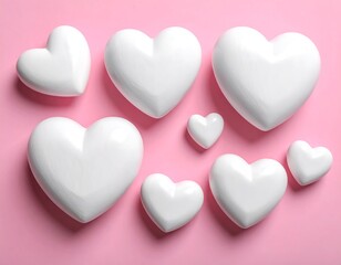 Fototapeta premium Seven glossy, white hearts of various sizes are scattered on a soft pink background. The heart shapes vary slightly