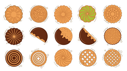 Diverse collection of fifteen different round cookies and biscuits with various patterns and chocolate coatings on a white background.