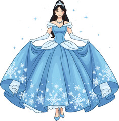 Beautiful princess character wearing an elegant blue ball gown decorated with white snowflakes, holding a full skirt, celebrating a magical winter wonderland event. © Art_By_Shoriphul
