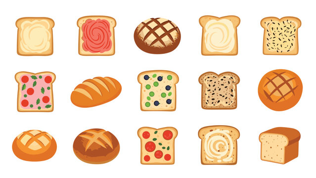 Wide variety of fifteen bread slices and rolls featuring different toppings like jam, butter, seeds, and various baked-in ingredients.