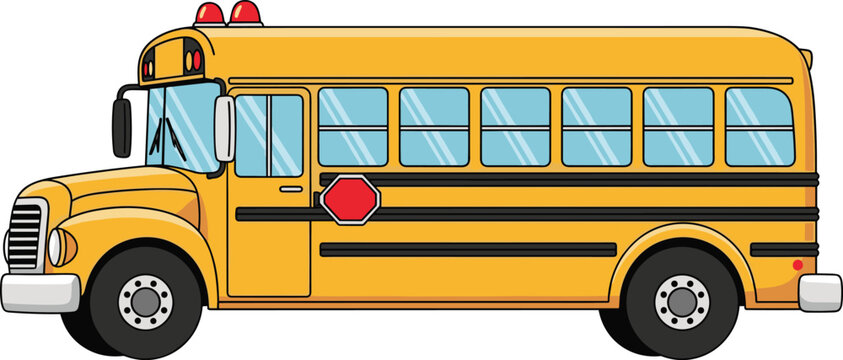 Classic yellow school bus with extended hood, safety stop sign, and flashing red lights, ideal for transportation and back to school design