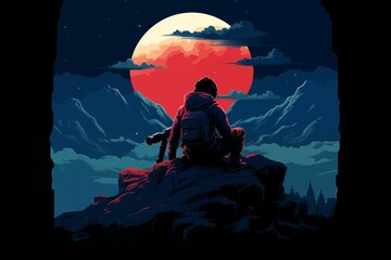 A boy sitting on the hill with telescope, concept art