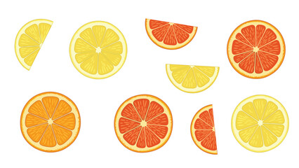 Obraz premium Refreshing collection of various citrus fruit slices including lemon, orange, and grapefruit in whole and half sections on a white background.