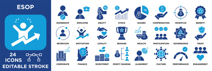 ESOP icon set illustrating employee ownership, equity, stock options, compensation, incentives, profit sharing, corporate governance, motivation, and engagement. vector solid illustration