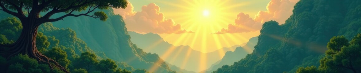 Cartoon morning rainforest, sun rays pierce canopy,  forest,  rays